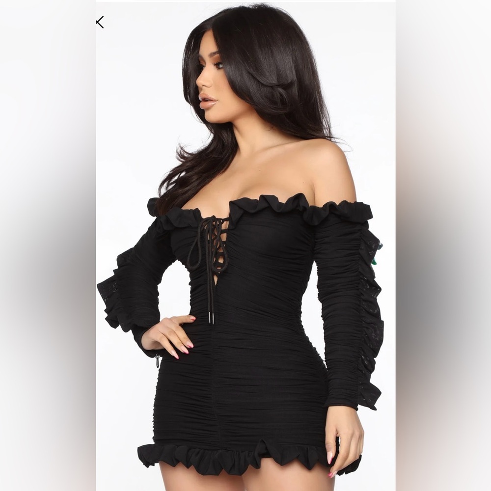 Fashion Nova You’re A Lucky One Black Off-Shoulder Mini Dress Size Medium NWT - Picture 2 of 13